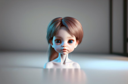beautiful doll. close up. Portrait of attractive toy with big blue eyes. Generative AIの素材