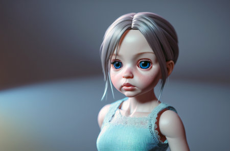 beautiful doll. close up. Portrait of attractive toy with big blue eyes. Generative AIの素材