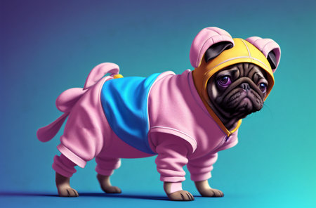 Cute pug puppy in costume. Little dog in clothes.の素材