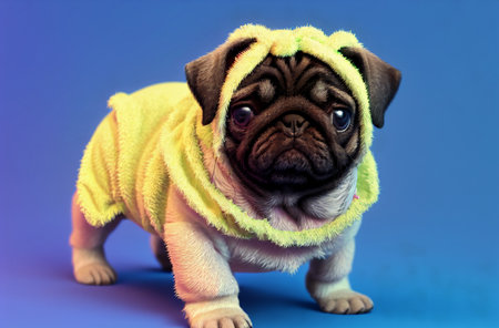 Cute pug puppy in costume. Little dog in clothes.の素材