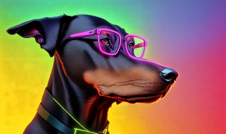 Cute dog in glasses. Portrait of smart doberman in bright colors. Generative AIの素材