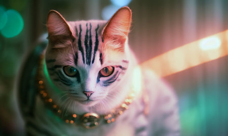 Cat. Portrait of cute animal with grey, white fur and black stripes. Generative AIの素材