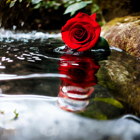 Red rose in water. Bright rosebud floating in pond. Generative AIの素材