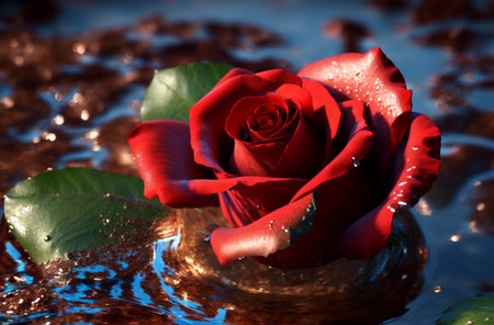 Red rose in water. Bright rosebud floating in pond. Generative AIの素材