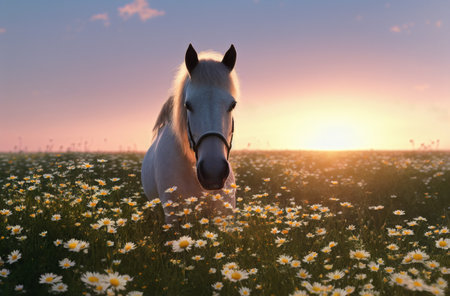 Horse on green lawn with daisies at sunset. Beautiful horse on green grass with wild flowers, chamomile. Generative AIの素材