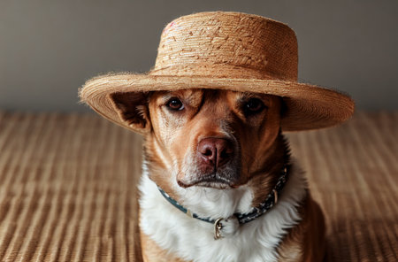 Portrait of dog in straw hat. Generative AIの素材
