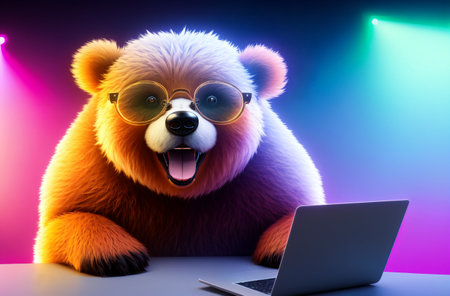 Charming bear in glasses with open mouth sitting at laptop. Generative AIの素材