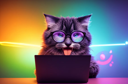 Smart cat in glasses with open mouth sitting at laptop. Generative AIの素材