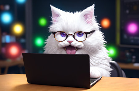 Smart cat in glasses with open mouth sitting at laptop. Generative AIの素材