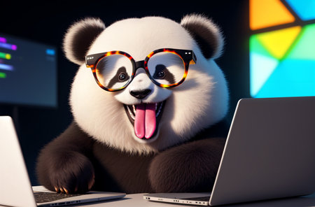 Charming panda in glasses with open mouth sitting at laptop. Generative AIの素材