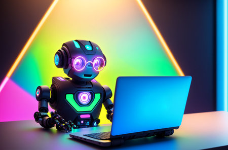 Robot in glasses sitting at laptop. Generative AIの素材