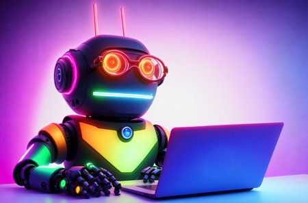 Robot in glasses sitting at laptop. Generative AIの素材