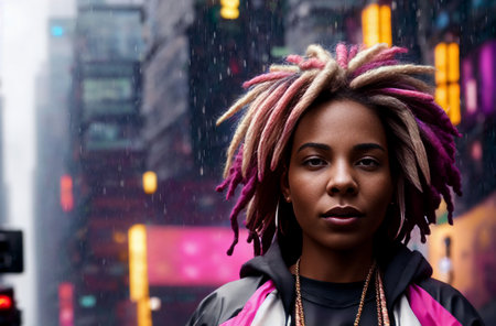 Portrait of beautiful african american with pink dreadlocks in the rain in downtown. Generative AIの素材