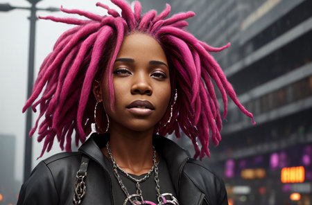 Portrait of beautiful african american with pink dreadlocks in the rain in downtown. Generative AIの素材