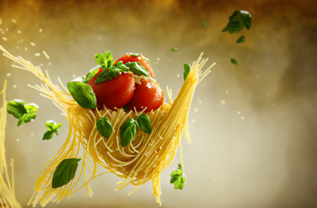 Pasta with tomatoes, greens. Appetizing spaghetti with vegetables, cheese. Generative AIの素材