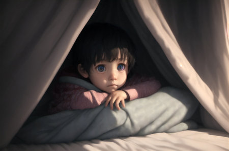 a child girl, preschooler peeking out of a blanket while sitting on the bedの素材