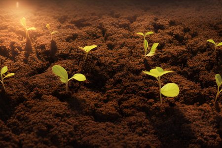 Sprouts growing in beds. Blooming green saplings in ground. Concept of horticulture, agriculture and organic products. Generative AIの素材