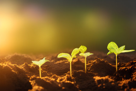 Sprouts growing in beds. Blooming green saplings in ground. Concept of horticulture, agriculture and organic products. Generative AIの素材