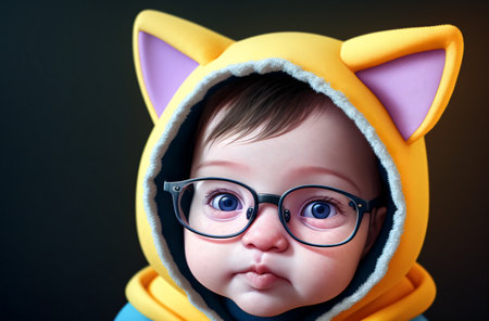 Charming baby glasses. Cute kid in costume of cat with ears. Generative AIの素材
