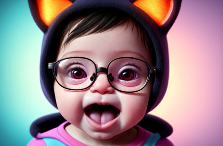 Charming baby glasses. Cute kid in costume of cat with ears. Generative AIの素材