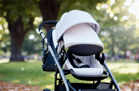 Baby stroller in city park. Empty transport vehicle for children's walks. Generative AIの素材