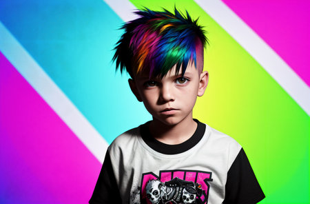 Portrait of a boy with colorful hair on a colorful background. studio shot.の素材