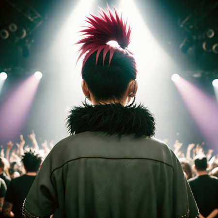 Back view of a young woman with a red hair on her head standing in front of a crowd at a concertの素材