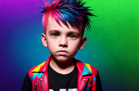 Portrait of a cute little boy with colorful hair in the studio.の素材
