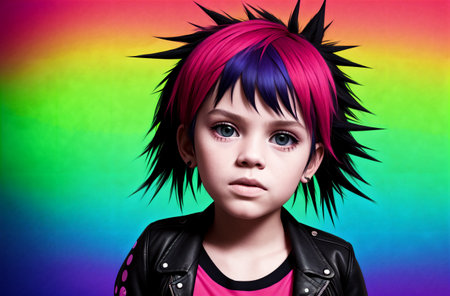 Portrait of a cute little girl with bright pink hair. rainbow background.の素材