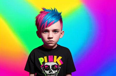 Portrait of a boy with punk hairstyle and colorful makeup.の素材