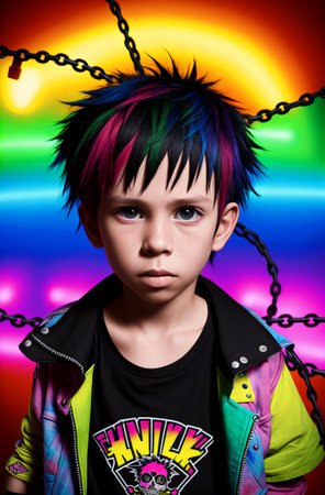 Portrait of a punk boy with colorful hair. rainbow background.の素材