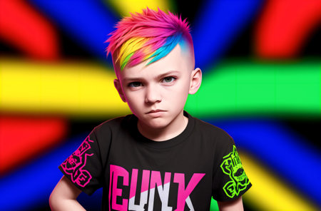 Portrait of a boy with colorful hair and t-shirt.の素材