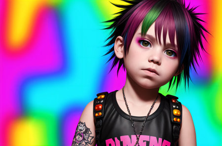 3D rendering of a little girl with bright pink hair and tattoosの素材