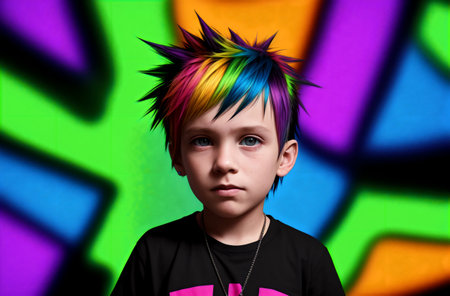 Portrait of a boy with colorful hair on a multicolored backgroundの素材