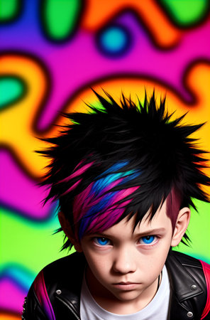Portrait of a boy with colorful hair on a colorful background.の素材