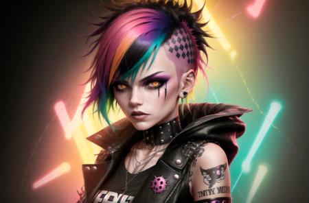 Close-up portrait of a punk girl with bright make-up.の素材
