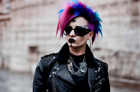 Young punk girl with colorful hair and leather jacket on the street.の素材
