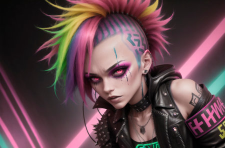 Portrait of a punk girl with bright make-up and rainbow hairの素材