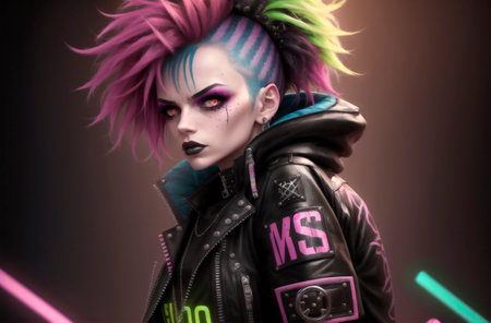 Futuristic girl with colorful hair and punk rock style makeup.の素材
