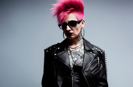 Portrait of a punk girl with pink hair wearing a leather jacket and sunglassesの素材