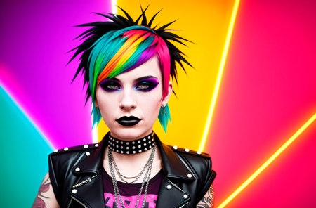 Portrait of a punk girl with bright makeup and hairstyle.の素材