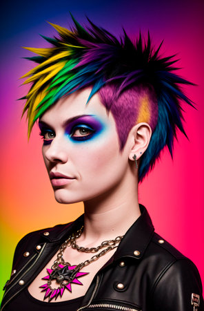 Portrait of a punk girl with bright make-up and colorful hair.の素材