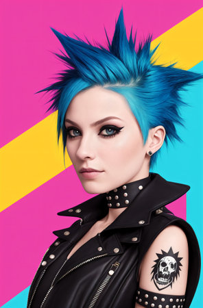 Portrait of a beautiful punk girl with bright blue hair on a colorful background.の素材
