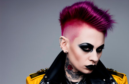 Fashionable punk girl with pink hair and leather jacket. studio shot.の素材