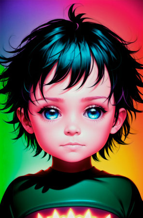 3d rendering of a cute little girl with blue eyes and black hair.の素材