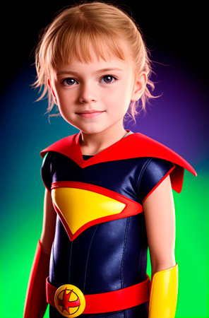 Portrait of a cute little girl dressed as a superhero. studio shot.の素材