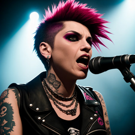 Portrait of a punk girl with pink hair and tattoos singing into a microphone.の素材