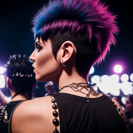 Portrait of a beautiful young punk girl with colorful hair standing in front of the stage.の素材