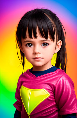 Cute little girl in superhero costume posing against a colorful background.の素材