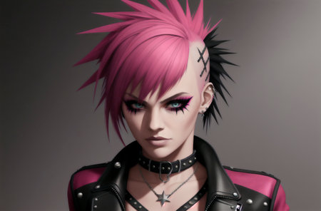 Portrait of a girl with pink hair and a black leather jacketの素材